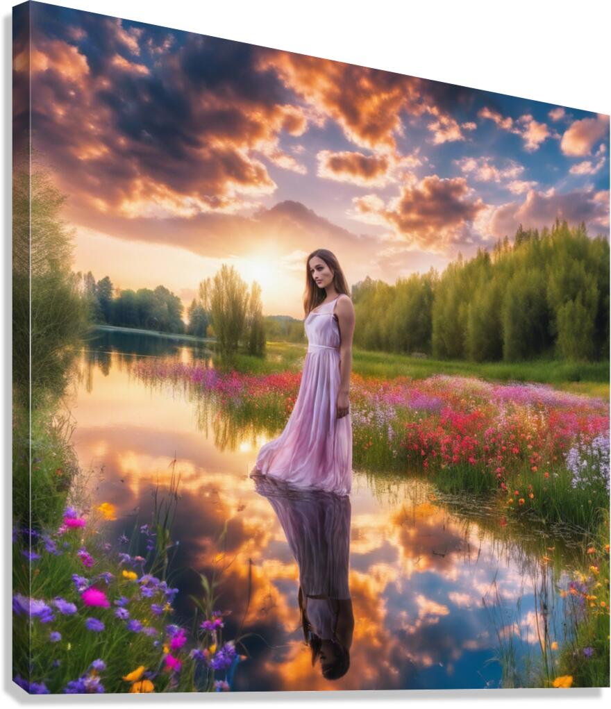 Girl in the stream at sunset Canvas Print