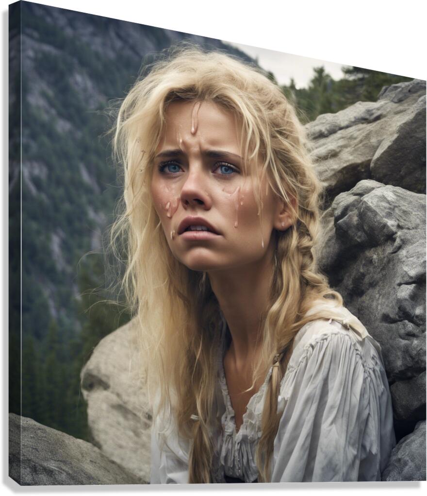 Shy blonde mountain girl on the big rock3 Canvas Print