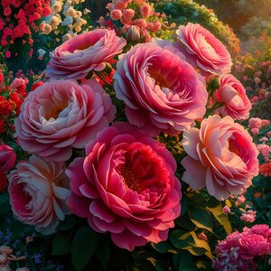 A captivating photograph of a lush vibrant garden teeming with an array of colorful flowers. The centerpiece of this breathtaking