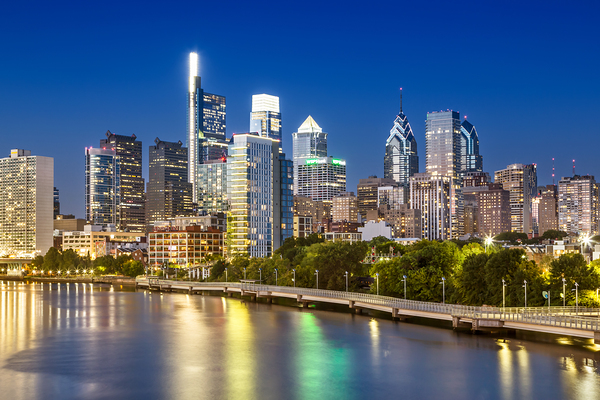 View of downtown Philadelphia from the South Street Bridge in the evening Print