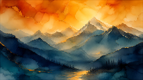 Mountain Oracle | Gold Sunrise Abstract Landscape Wall Art Print | Gilded Wilderness Collection by ARCANA STUDIO PRINTS