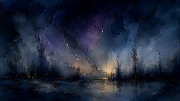 Winter Solstice | Indigo Gold Moon Abstract Landscape Wall Art Print | Gilded Wilderness Collection by ARCANA STUDIO PRINTS