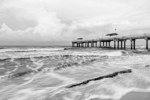 Orange Beach Waves Around Log Grayscale