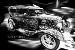1930 Ford Sedan Flames Text Grayscale