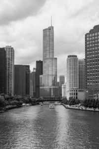 Trump Tower Chicago River Grayscale