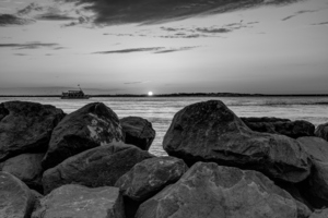 Destin Sunset Over Rock Jetty Grayscale