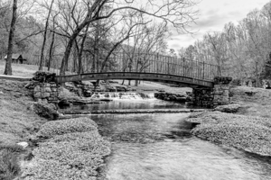 Waterfall Under Arched Bridge In Spring Grayscale