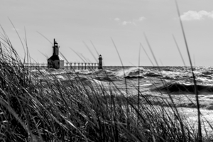 St Joseph Lighthouse Behind Grass Grayscale