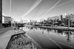 Jet Streams Over Gene Leahy Mall Pond Grayscale