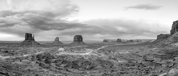 Evening At Monument Valley Pano Grayscale Print