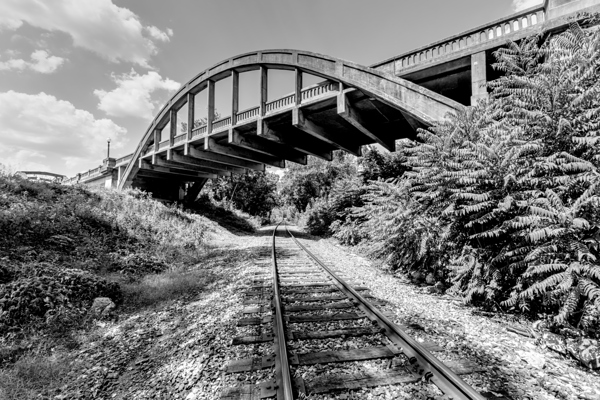 Railroad Tracks Under Cotter Bridge Grayscale Print