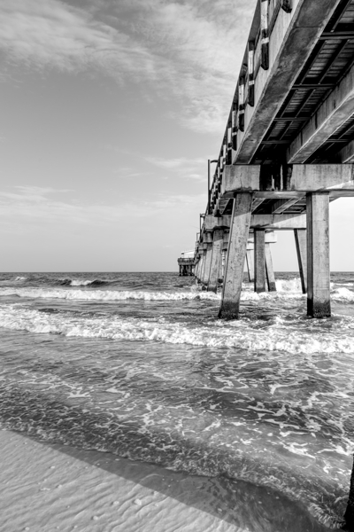 Splashing Waves Beside Gulf Shores Pier Grayscale Print