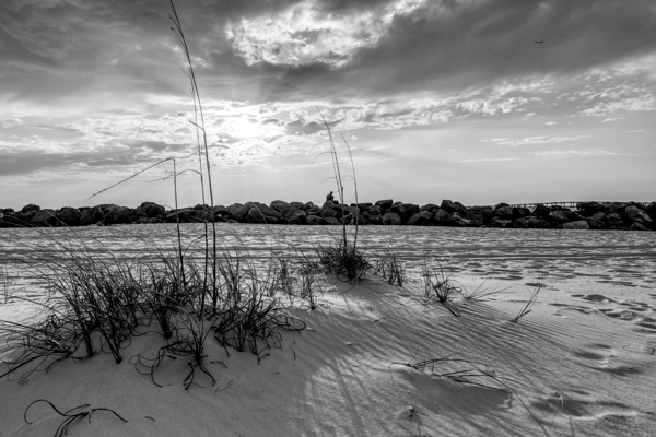 Destin Rock Jetty And Sea Oats Sunset Grayscale Print