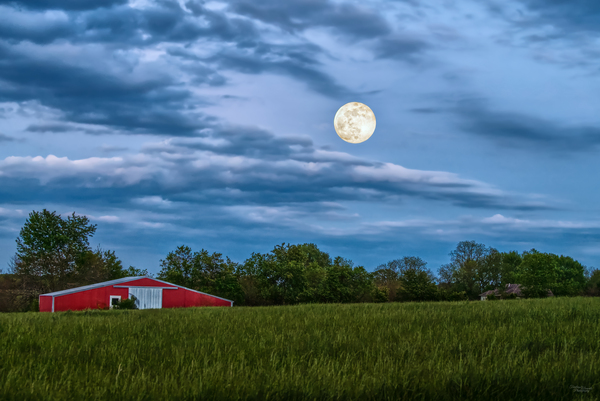 Super Flower Moon Over A Barn by Jennifer White