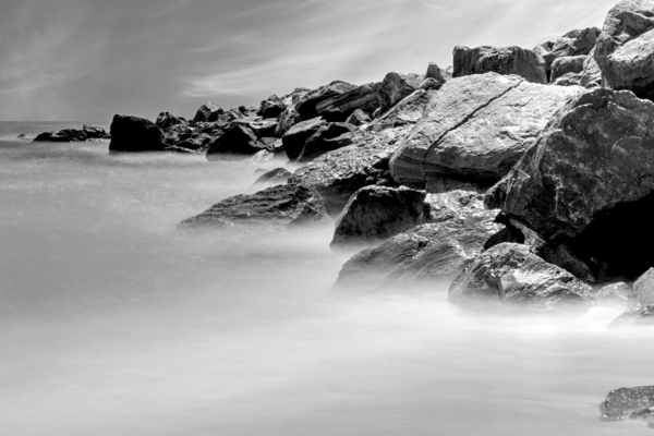 Shell Island Rocks And Waves Grayscale by Jennifer White