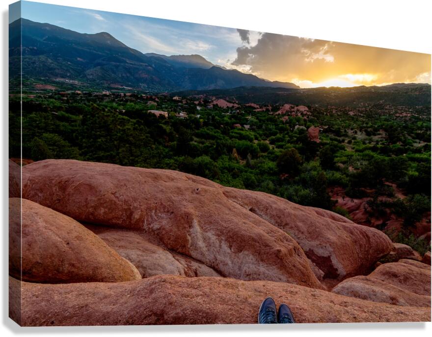 Feet On The Mountain Ledge At Sunset Canvas Print