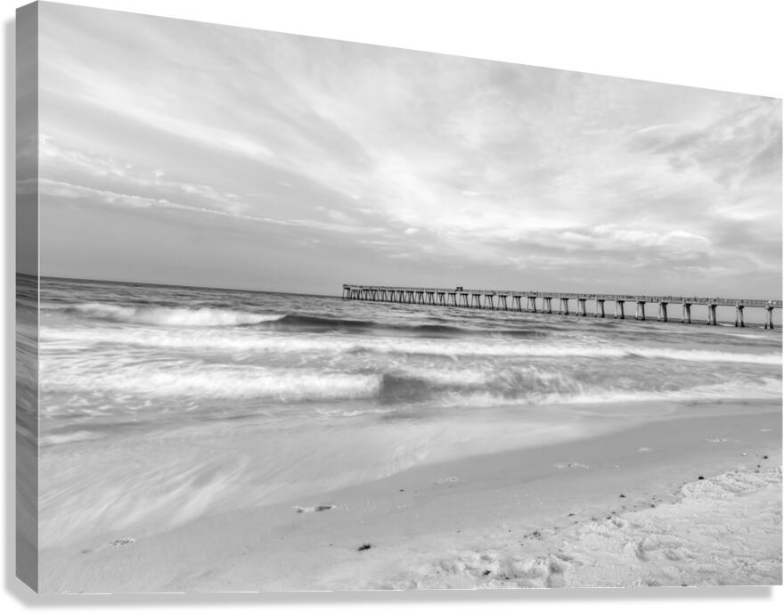 Rolling Waves Navarre Beach Pier Grayscale Canvas Print