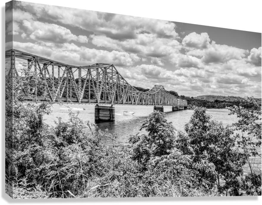 Boats Under Kimberling City Bridge Grayscale Canvas Print