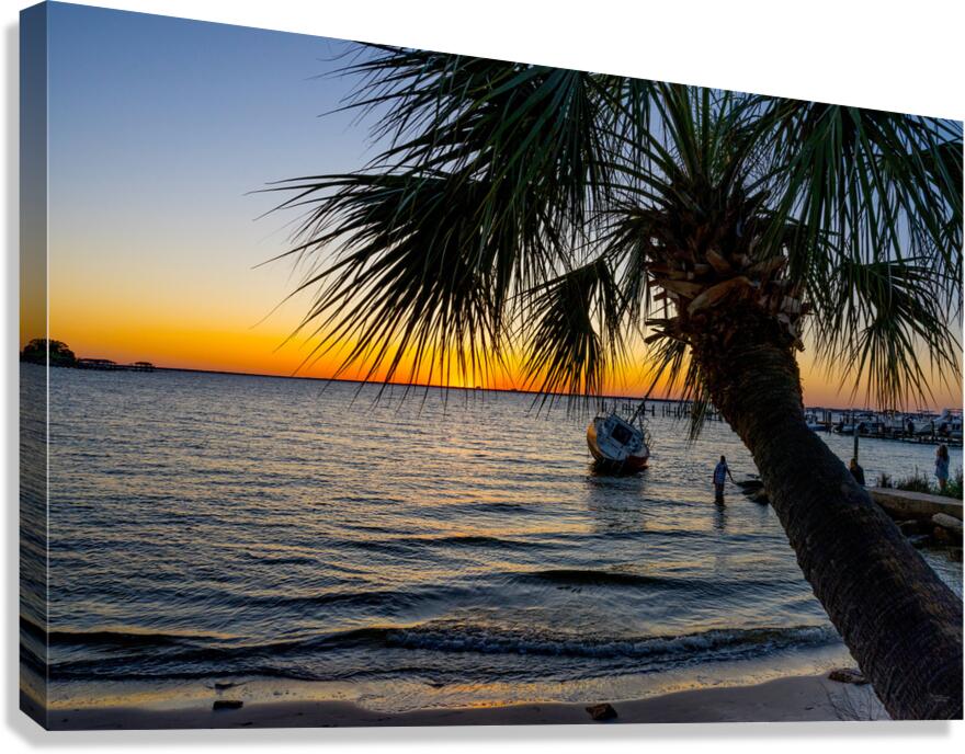 Gulf Breeze Palm Tree And Sailboat Sunset Canvas Print