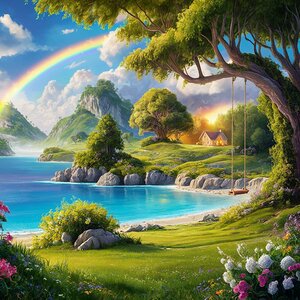a digital painting of a heavenly paradise featuri