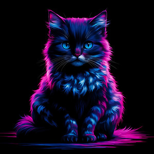 A vibrant neon-illuminated depiction of a cat. The cat has a dark