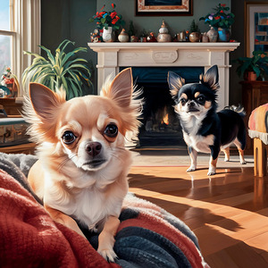 Two dog chihuahuas inside. The dog in the foreground is a light-colored dog with a fluffy coat