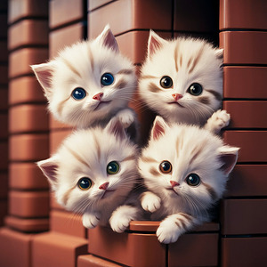 An enchanting scene with four cute and fluffy white cats