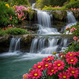 Exploring the Beauty of Waterfall Amongst Vibrant Flowers
