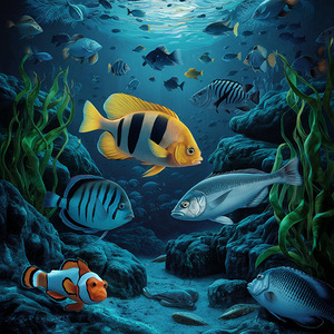 Underwater scene bathed in vibrant blue light. Multiple fish of different shapes sizes and colors swimming gracefully