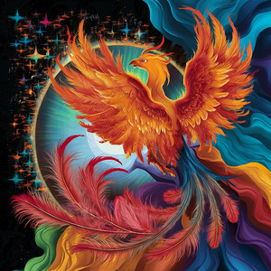 A phoenix with fiery wings partially hidden by a stunning array of vibrant colored flames