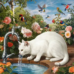 Capturing the Beauty of a White Cat Drinking from a Water Tap in a Natural
