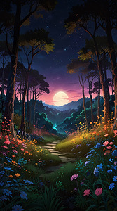 A forest full of vibrant flowers and lush greenery