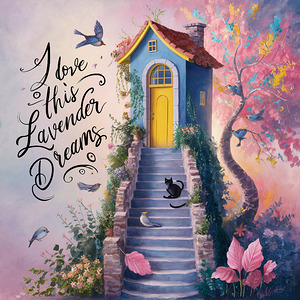 View of a tall blue house with a yellow door located above a stone staircase.