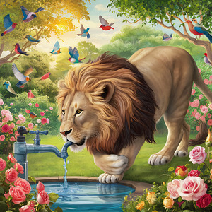 The Majestic Sight of a Lion Drinking from a Water Tap in a Lush Garden