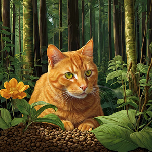 Orange golden tabby cat in the green forest