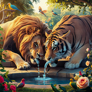 Lion and Tiger Drinking from a Water Tap in a Stunning Natural Garden