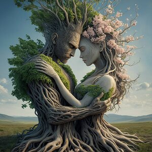 A combination of man and nature featuring a male and female tree intertwined in a magical embrace