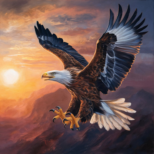 An eagle appears soaring against the backdrop of a stunning sunrise with its majestic wings Print