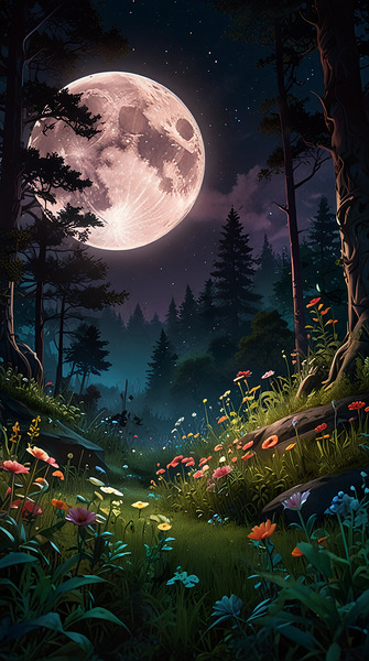 A forest filled with vibrant flowers and lush greenery all lit by the soft glow of the moon.  Print