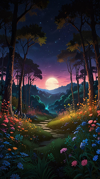 A forest full of vibrant flowers and lush greenery Print