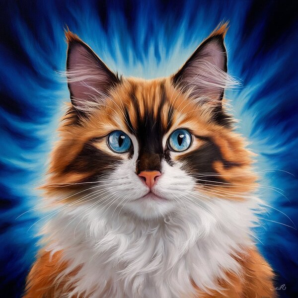 A majestic cat with a mixture of orange and white fur. Her stunning blue eyes are the focal point Print