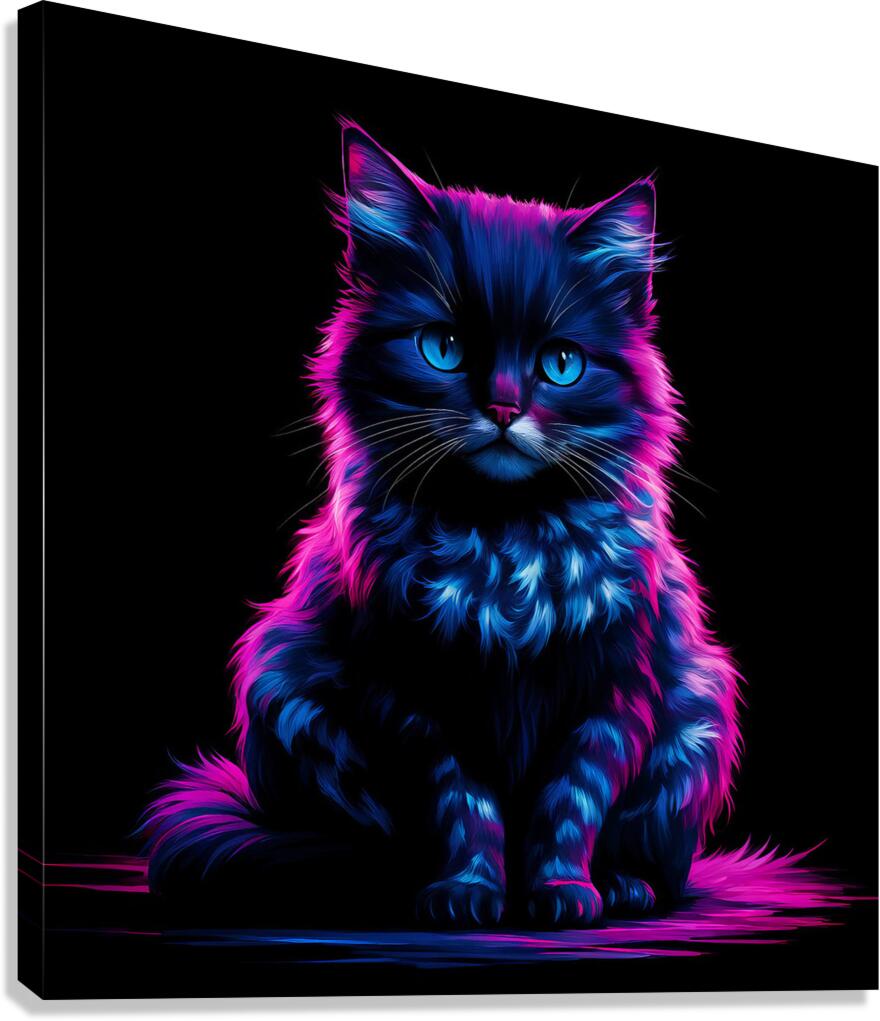 A vibrant neon-illuminated depiction of a cat. The cat has a dark Canvas Print