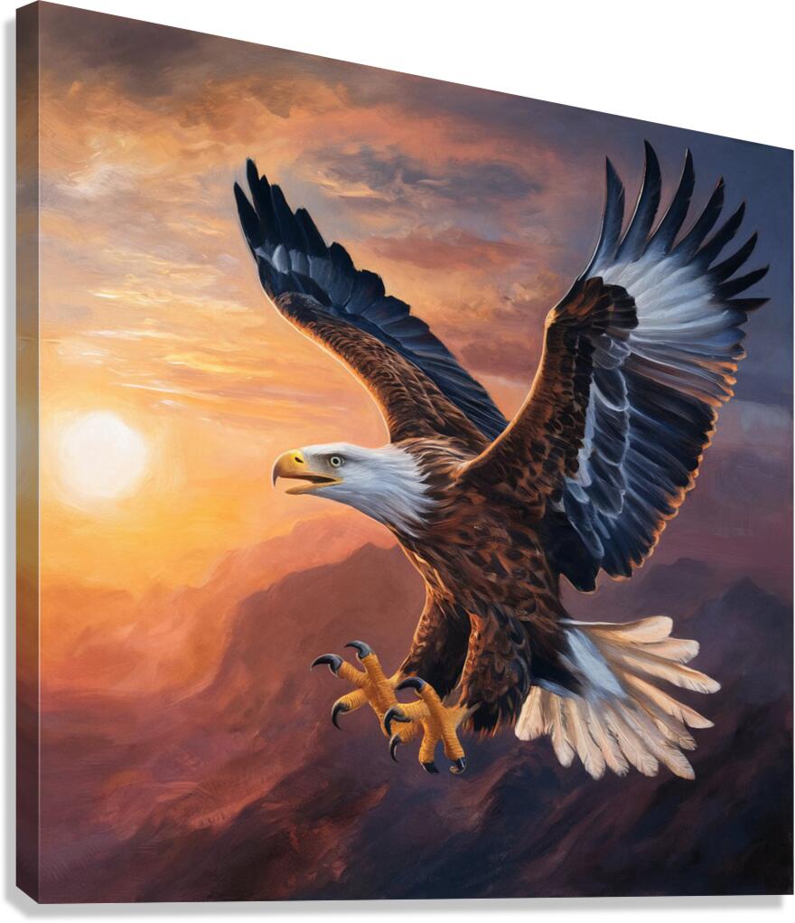 An eagle appears soaring against the backdrop of a stunning sunrise with its majestic wings Canvas Print