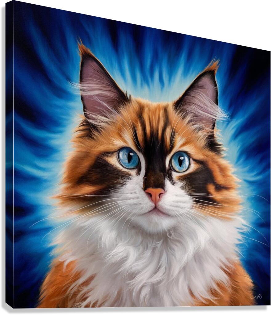 A majestic cat with a mixture of orange and white fur. Her stunning blue eyes are the focal point Canvas Print