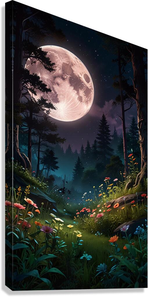 A forest filled with vibrant flowers and lush greenery all lit by the soft glow of the moon.  Canvas Print