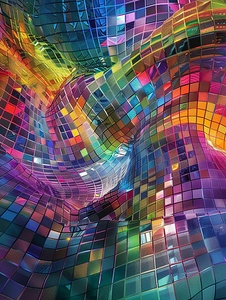 ABSTRACT BACKGROUND WITH FRACTAL MULTICOLOR LIGHTS AND GLASS CUBES