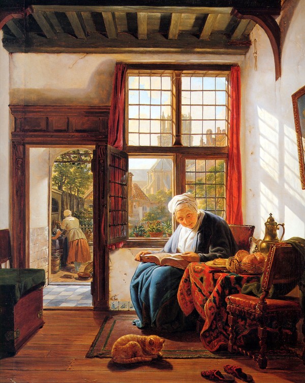 Reading old woman at window Print