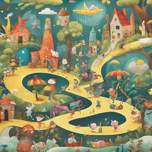 Step into a world of whimsy and wonder with this playful mural. Quirky characters frolic amidst a landscape of fantastical delights their antics bringing joy to all who behold them