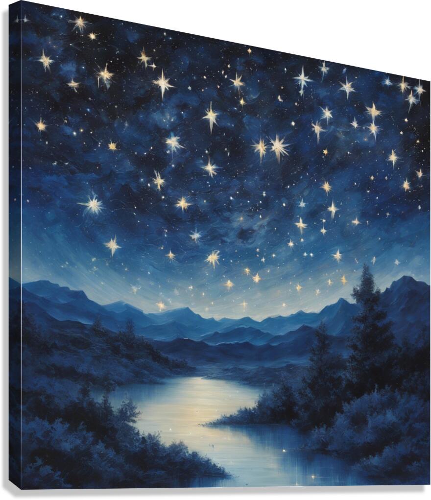 Gaze upon the heavens with this celestial masterpiece. Stars twinkle against a backdrop of deep indigo inviting viewers to lose themselves in the vastness of space and time. Canvas Print