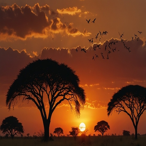 a sunset with birds flying over trees and a field with grass and trees in the foreground and a few birds flying in the sky Art Brenner dau-al-set nature a matte painting by moustafa elsayed
